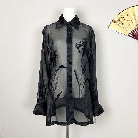 90s vintage black silk minimalist sheer organza emboidered tunic shirt blouse - Picture 2 of 10